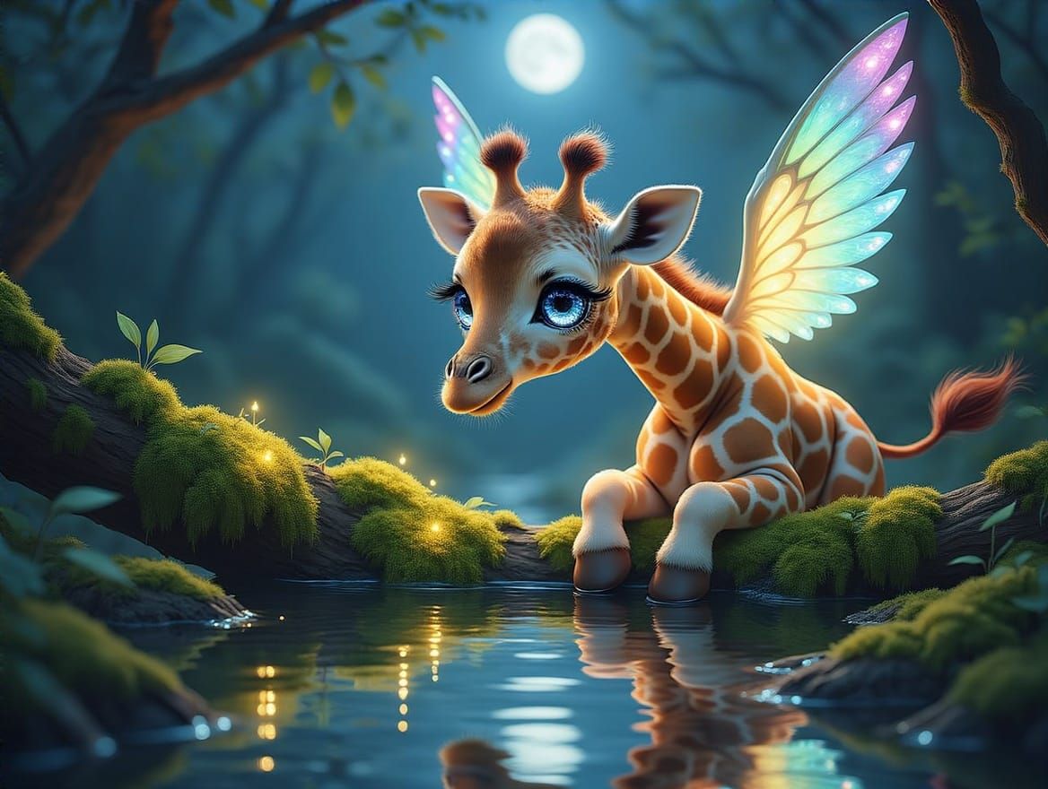 Giraffe in Ethereal Moonlit Scene