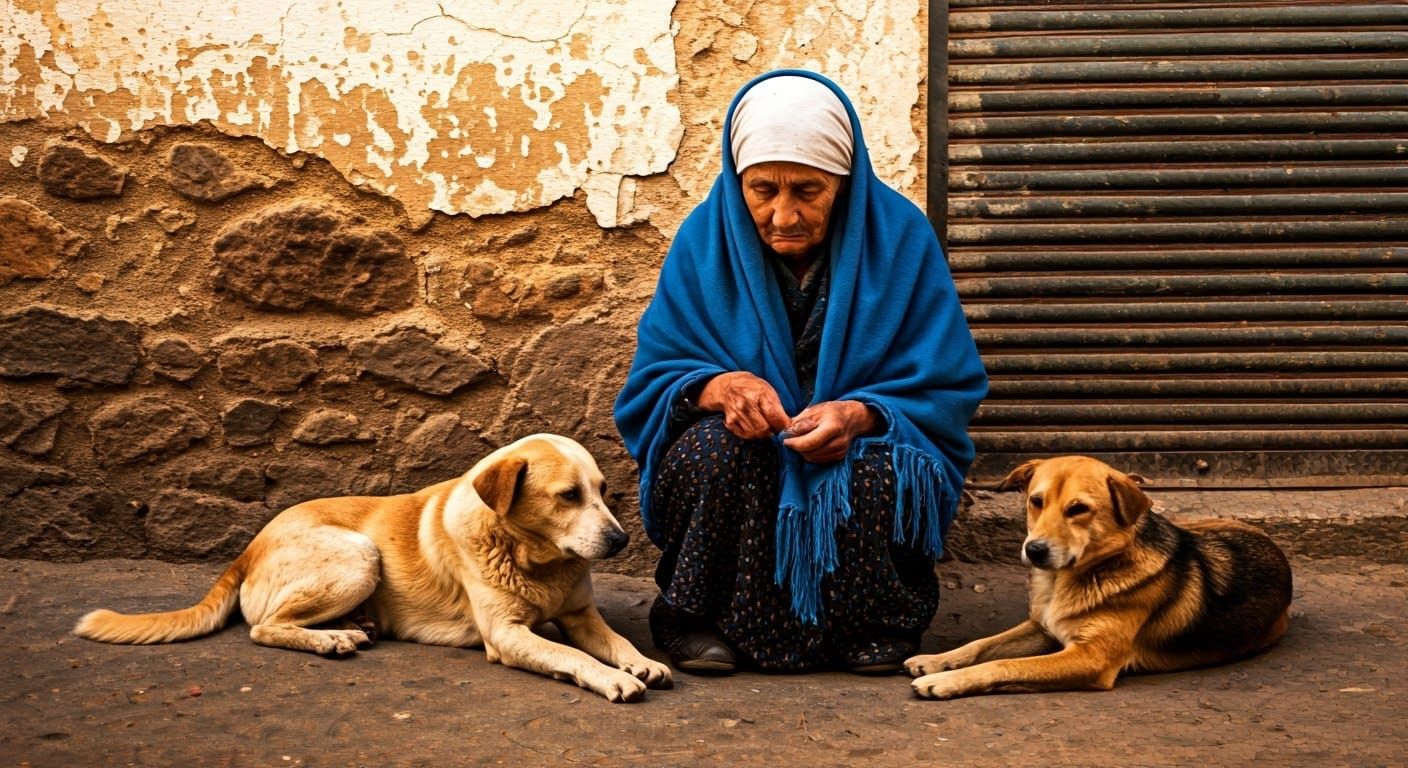 Elderly Woman Surrounded by Loyal Companions in Traditional ...