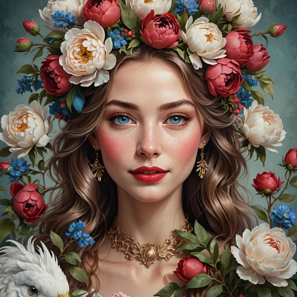 Beautiful Woman with Peonies, Digital Art Portrait