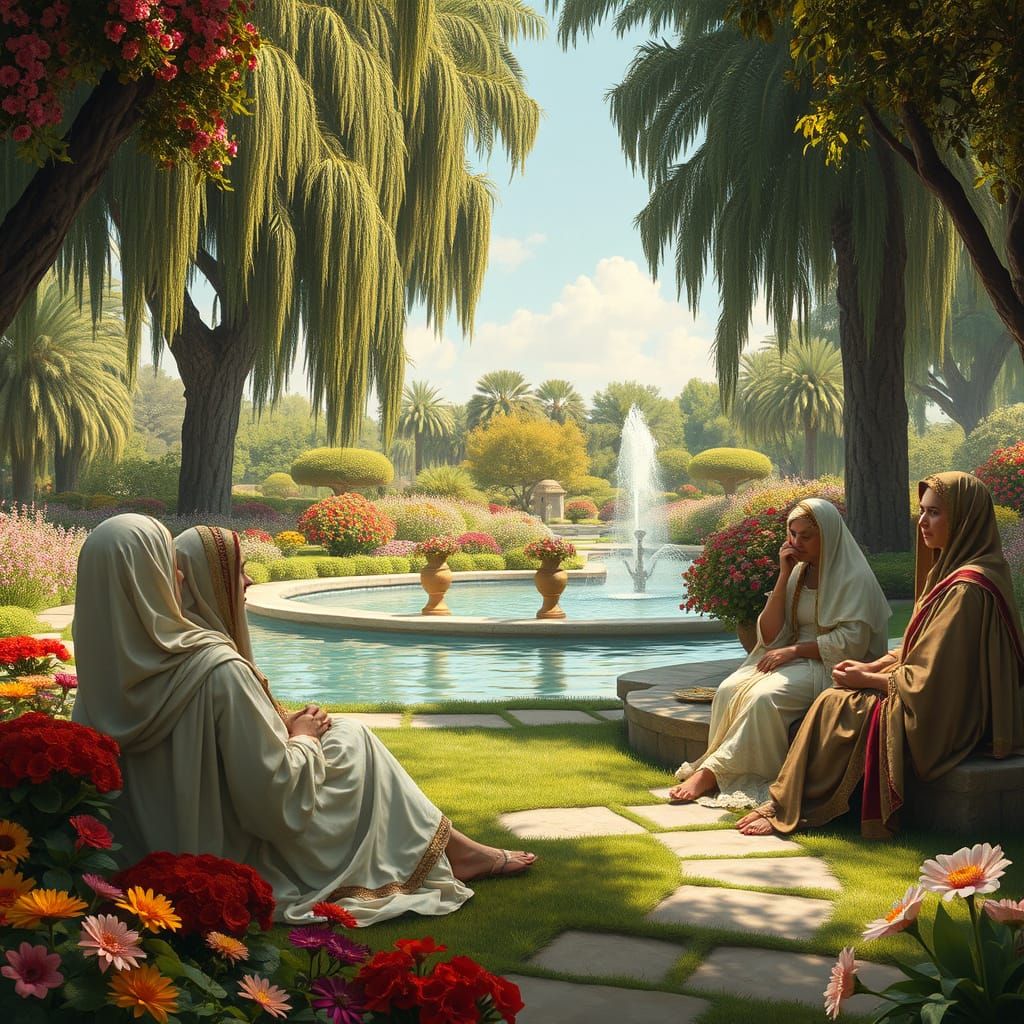 Elegant Assyrian Women in Lush Garden Setting
