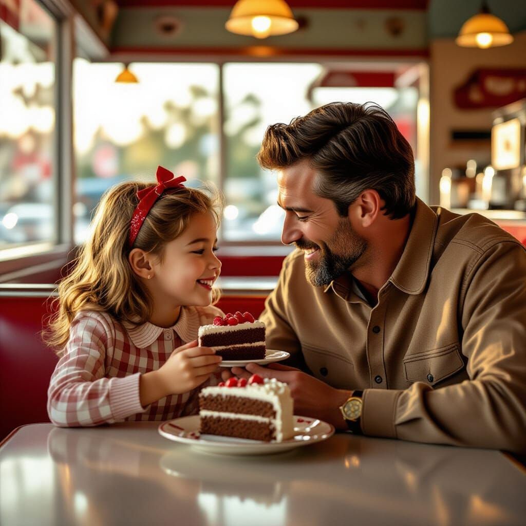 Father and Daughter Share Cake in Retro Diner Matte Painting