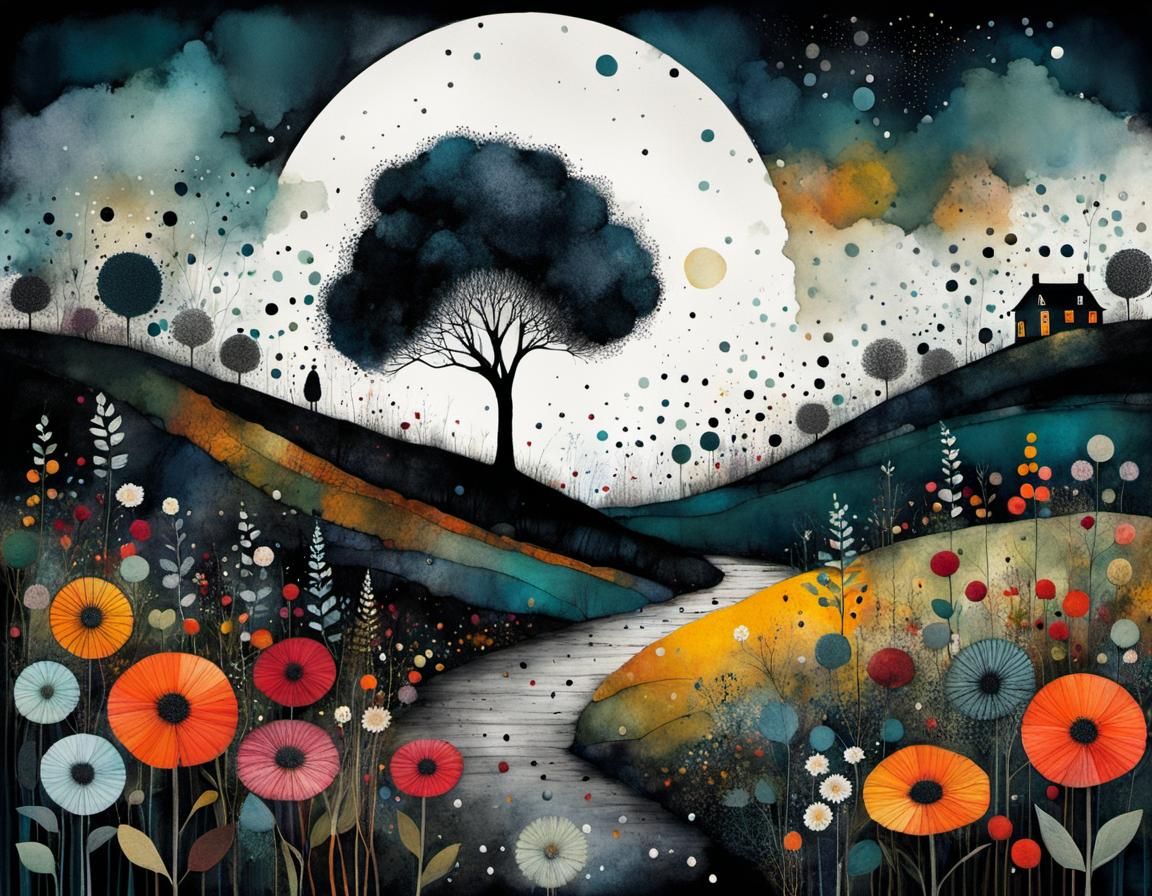 Whimsical Dark Floral Landscape in Maximalist Style