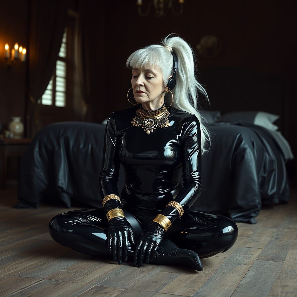 Crone in PVC Catsuit Meditating in Giger-Inspired Room