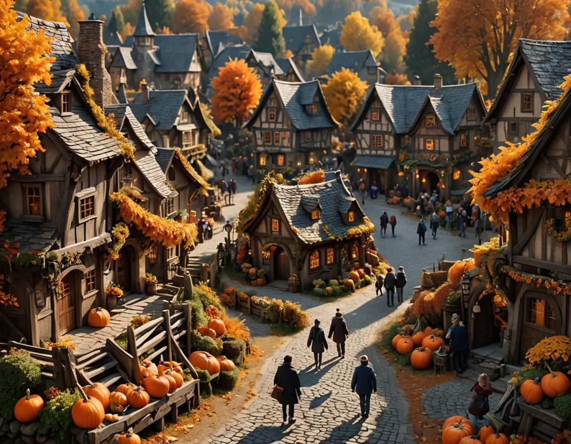 Autumn Fantasy Village Scene in Sunlight
