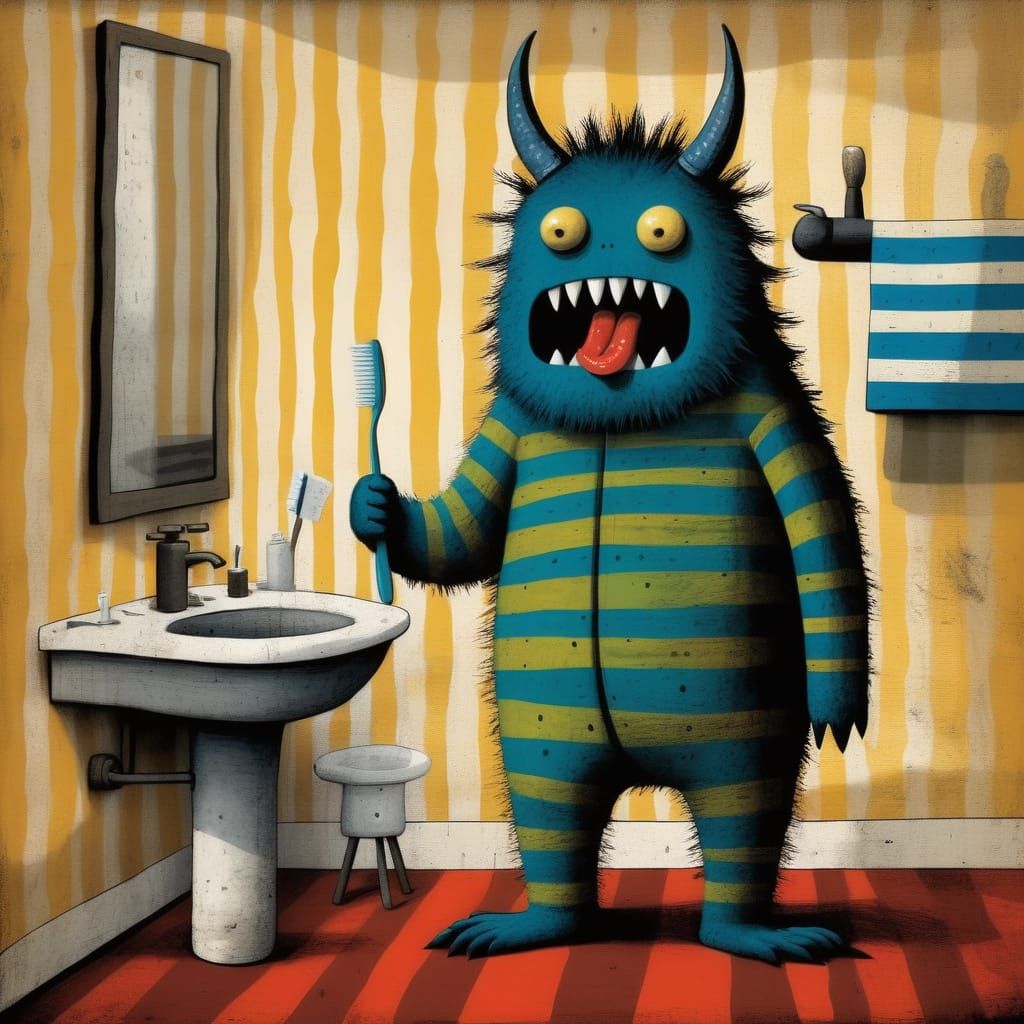 Cute Monster Brushing Teeth in Pajamas