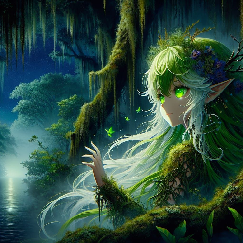 Anime Satyr Girl in Moonlit Bayou Mist