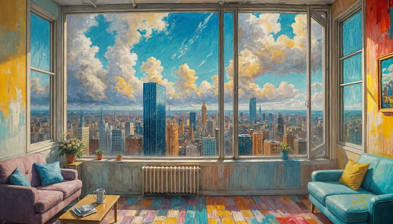 Surreal Interior Cityscape Oil Painting, 1969 Style