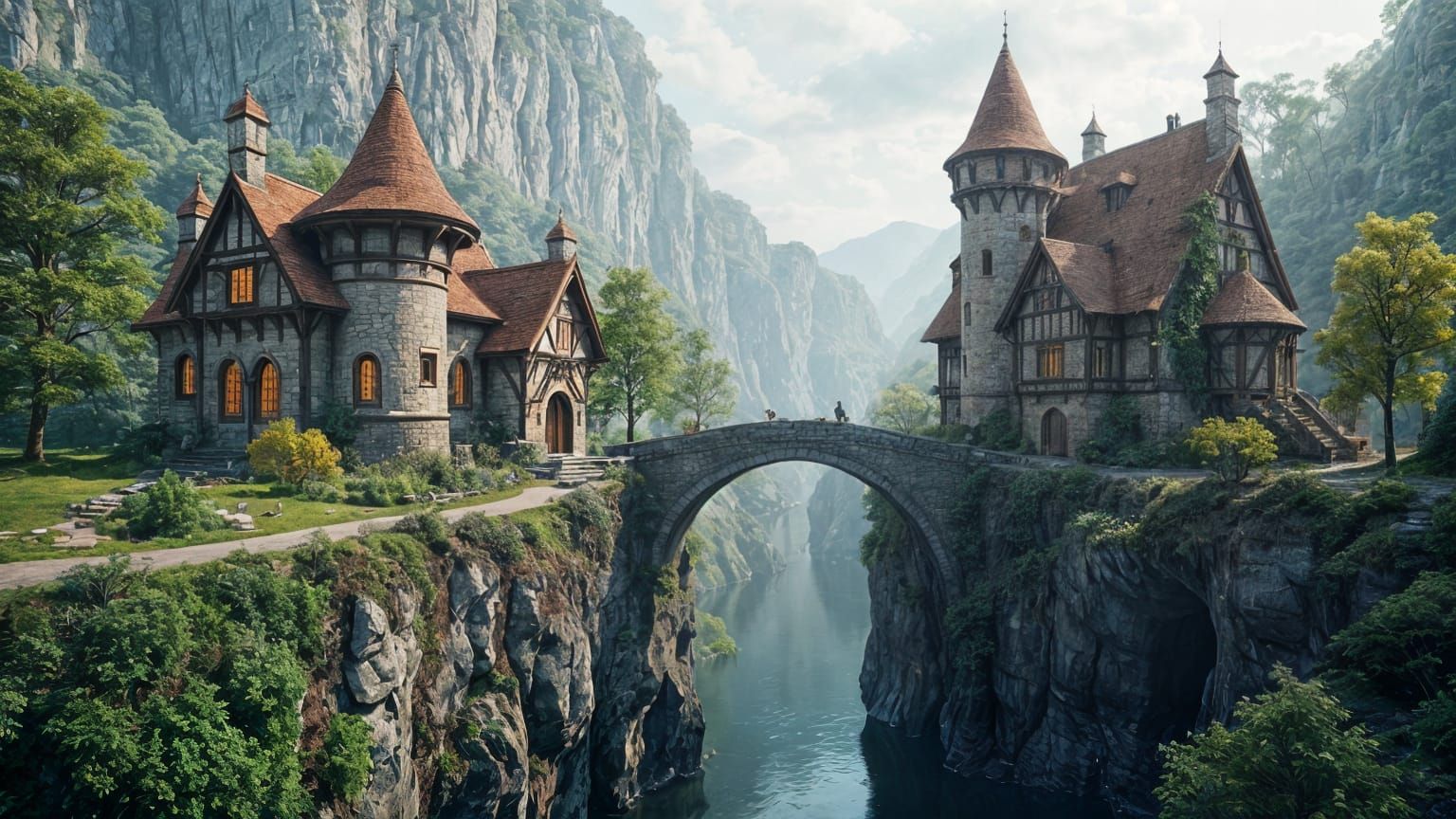 Elven Cottages on Gorge Bridge: Fantasy Concept Art