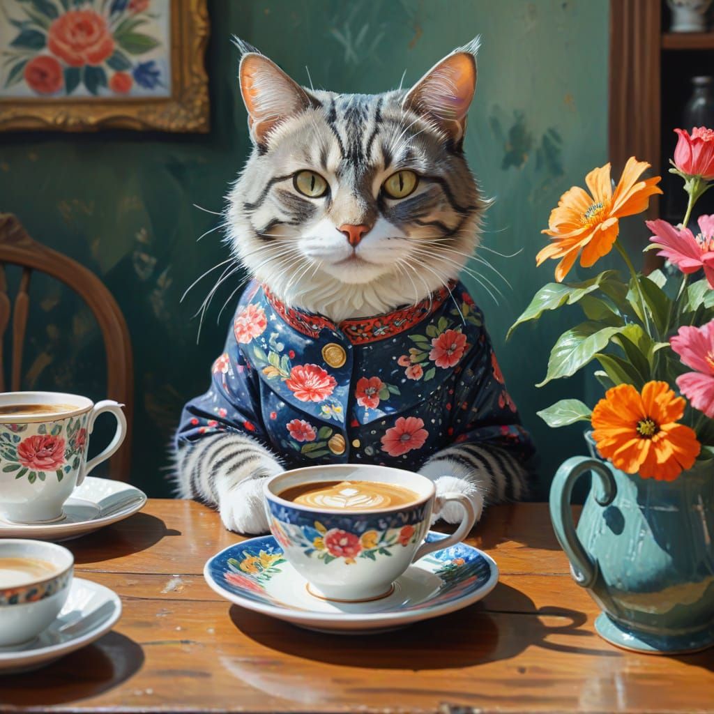 Cats at Coffee Party as Gouache Watercolor Painting