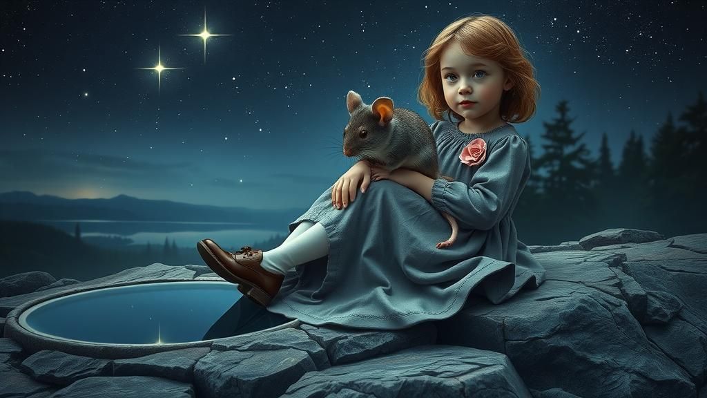 Girl Contemplates Starry Night with Steampunk City