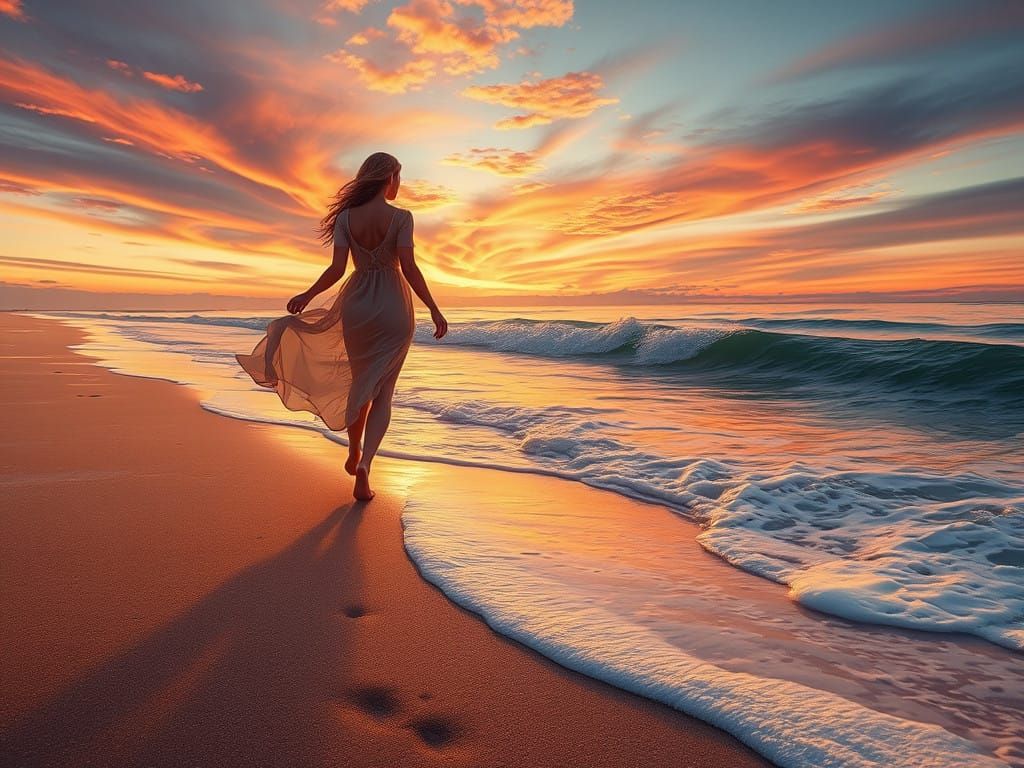 Surreal Sunset Goddess Walks Along the Ocean's Edge