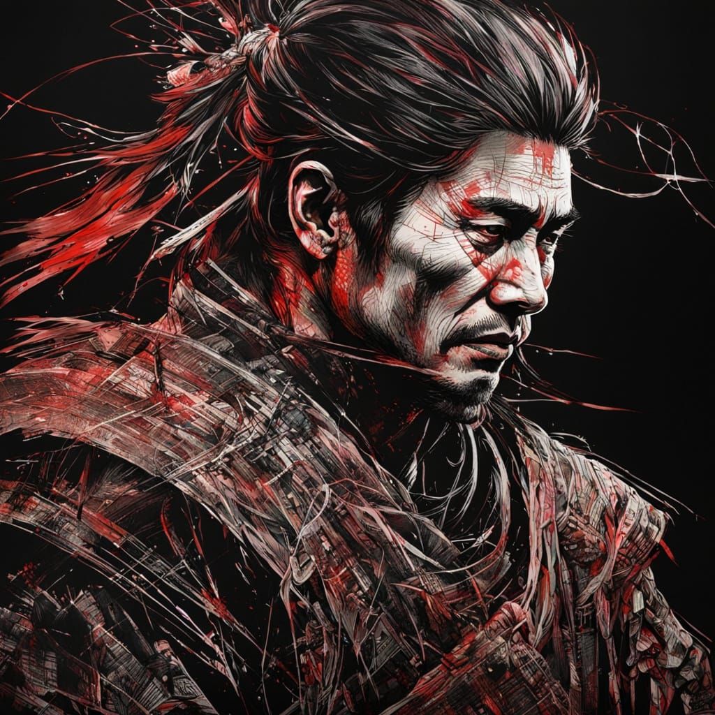 Young Samurai Warrior Portrait in Scratch Art Style