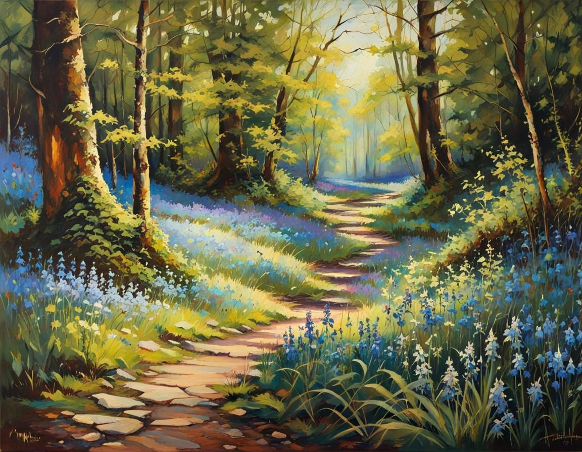 Bluebell Forest Path in Oil Painting Style