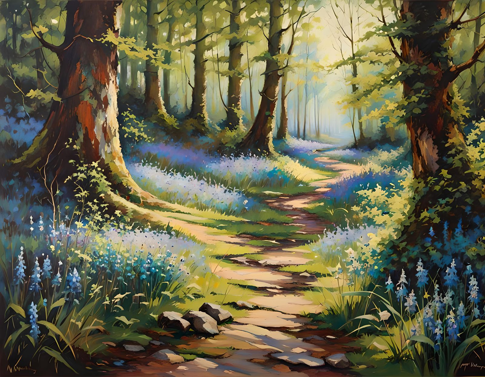 Enchanted Bluebell Forest Path: An Oil Painting Masterpiece