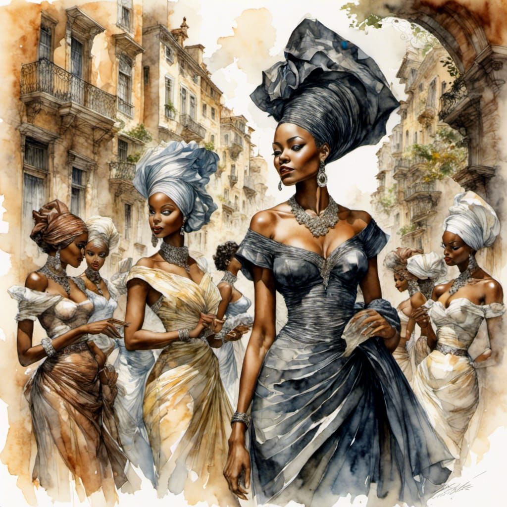 Black Women in Watercolor Style of Social Realism