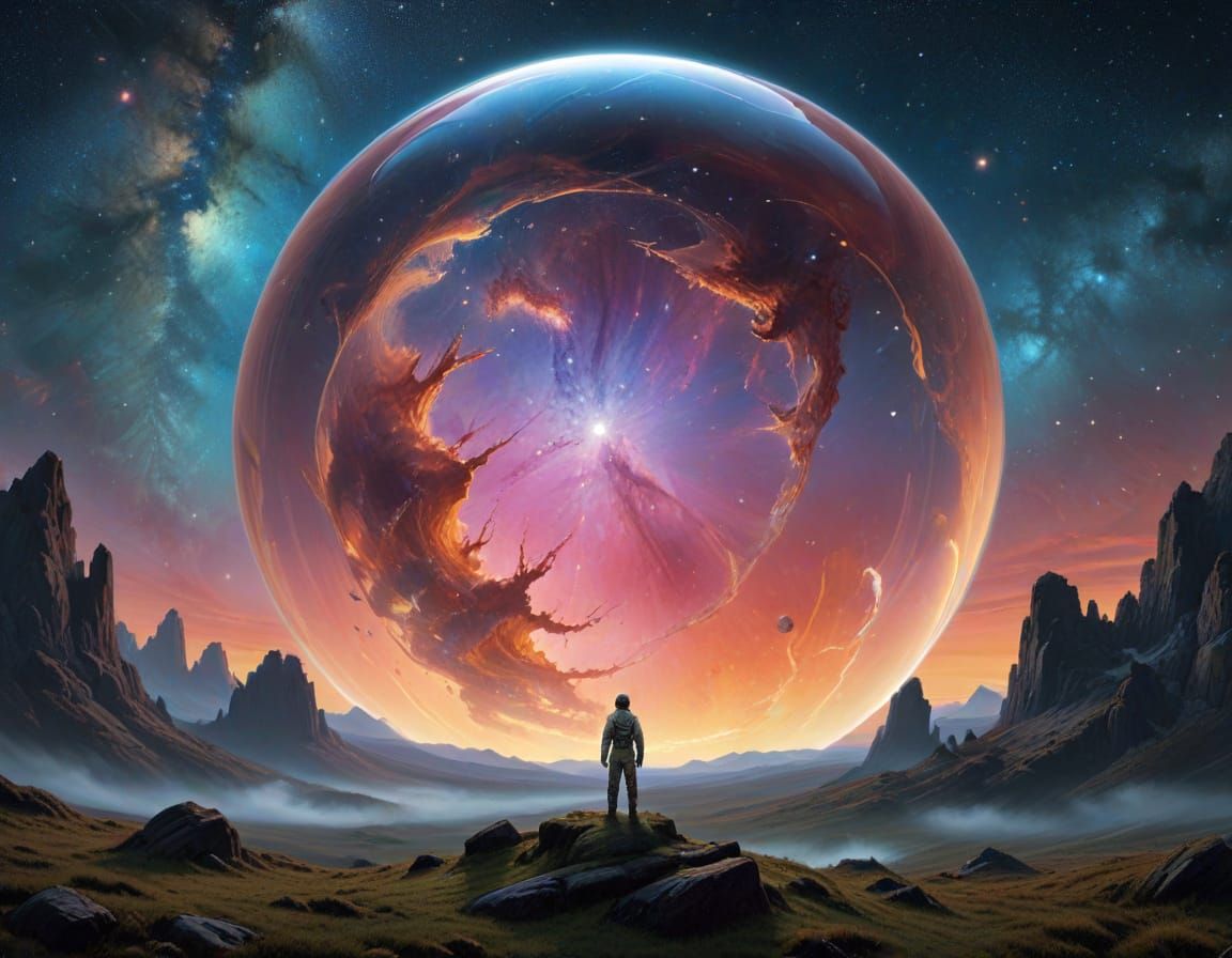 Astronaut in Bubble Reflecting Distant Nebula