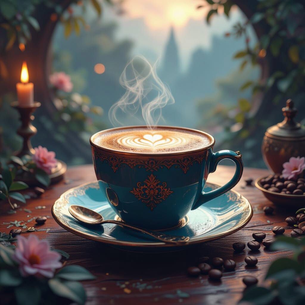 Dream Coffee Date Visuals in High-Fantasy Concept Art Style