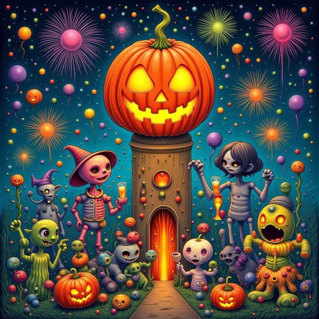 Halloween New Year's Eve with Pumpkin Ball and Monsters