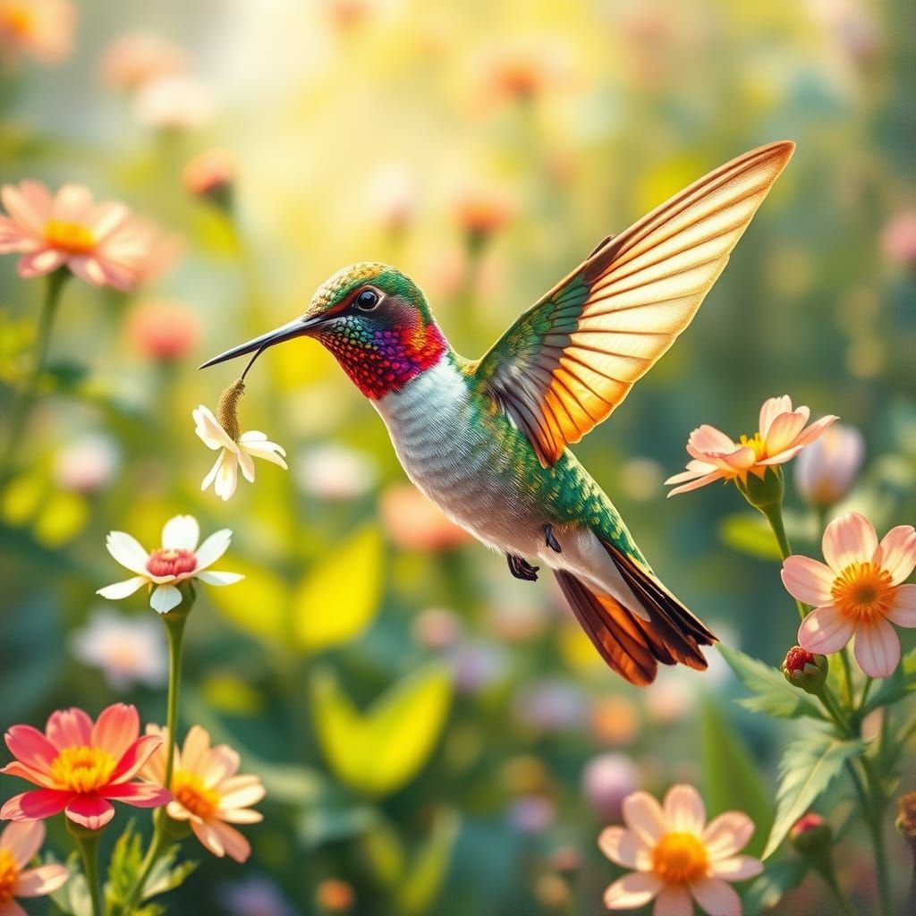 Vibrant Hummingbird in Whimsical Garden