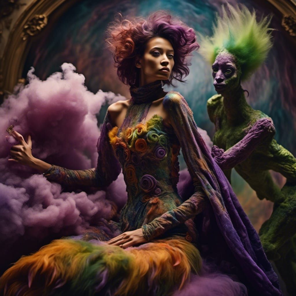 Surreal Alien Portrait with Iridescent Bird Creature