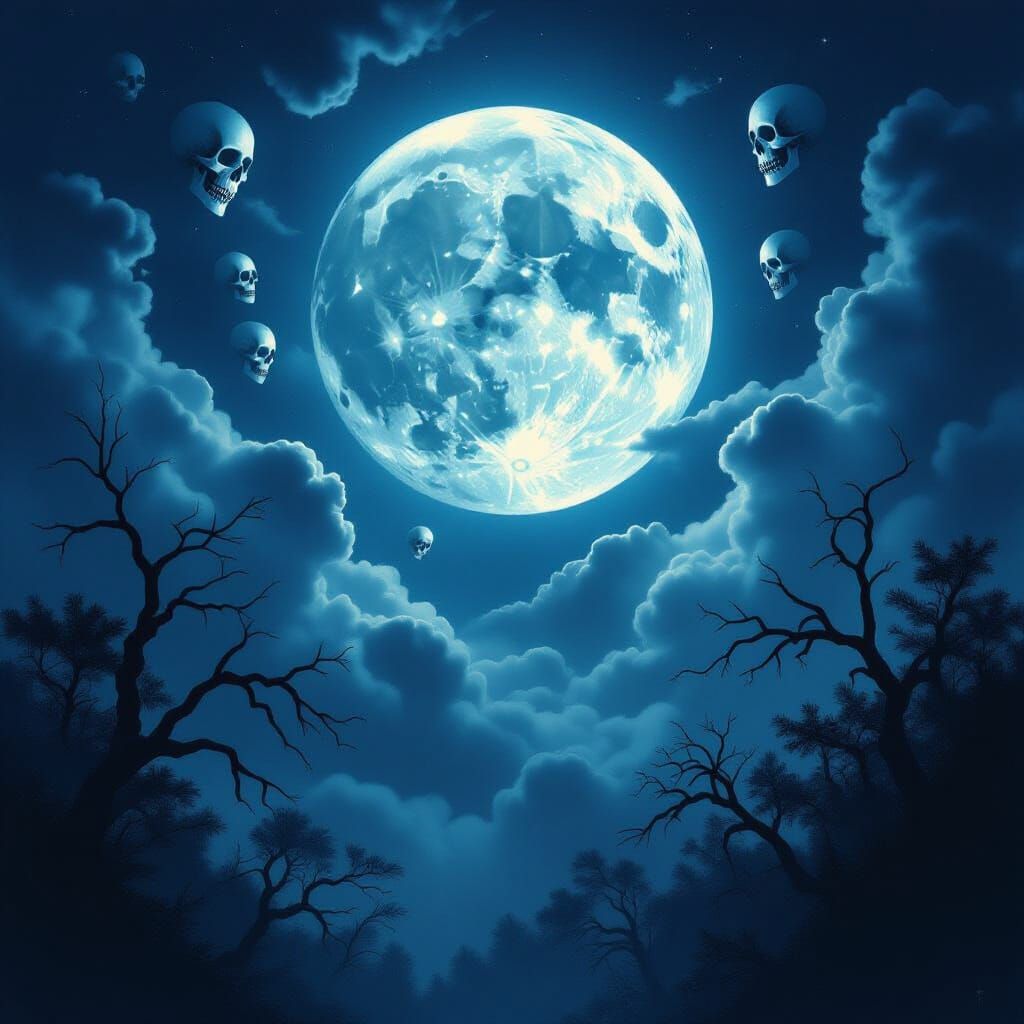 Eerie Full Moon Night with Skeleton Clouds