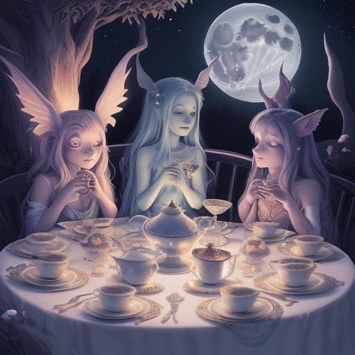 Celestial Tea Party Under Moonlit Glow