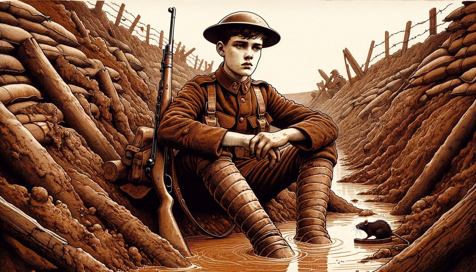 WWI Soldier in Trench, Pen and Ink Illustration