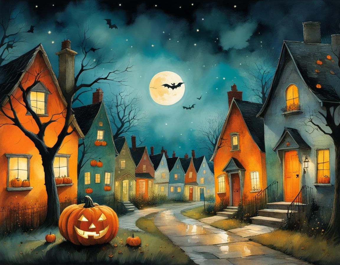 Whimsical Jack-o-Lantern Night Scene Illustration