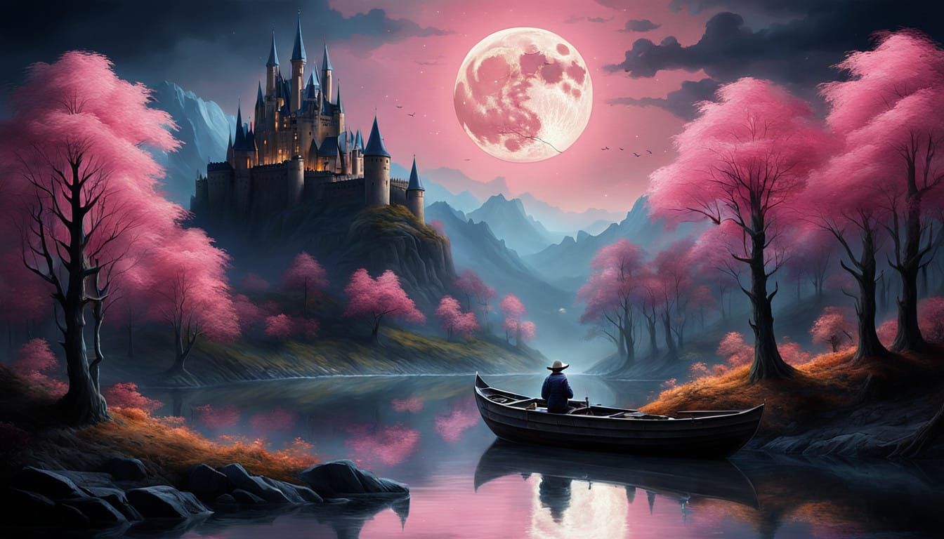 Man Under Full Moon Gazing Up at a Majestic Castle in a Drea...