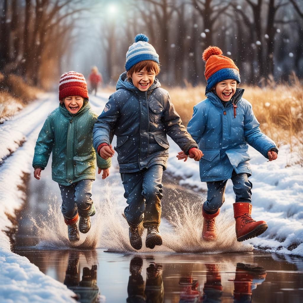Children Play in Snowy Country Puddles