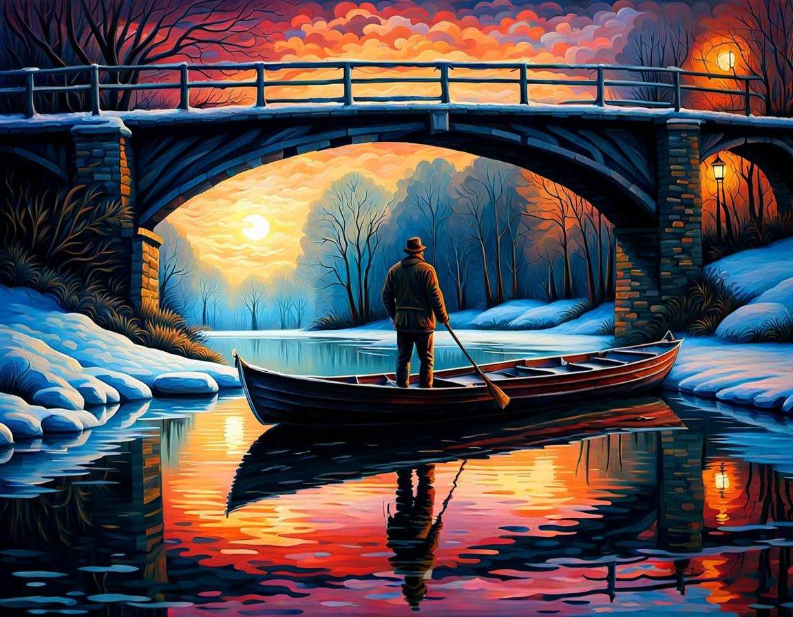 Man's Reflection on Icy River: Neo-Impressionist Night