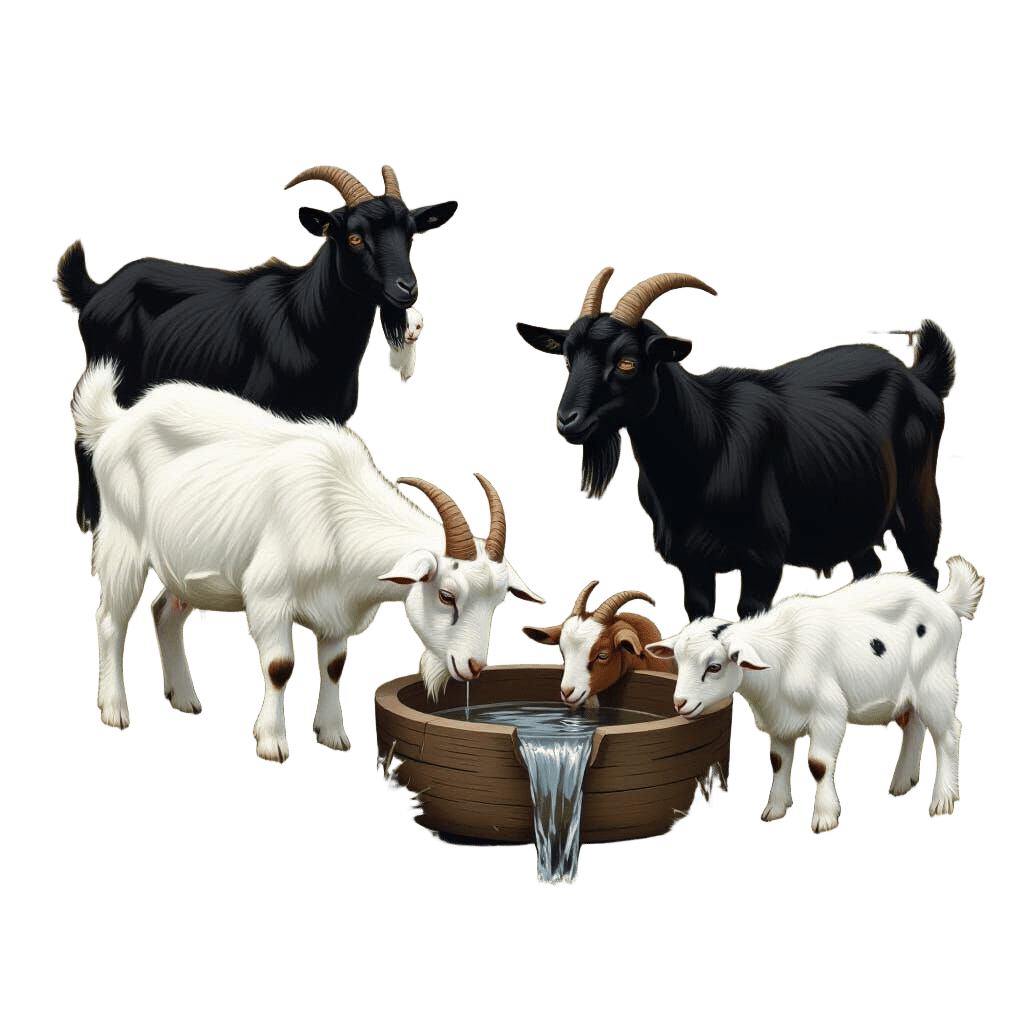 Realistic Matte Painting of Diverse Goats by Water and Fence