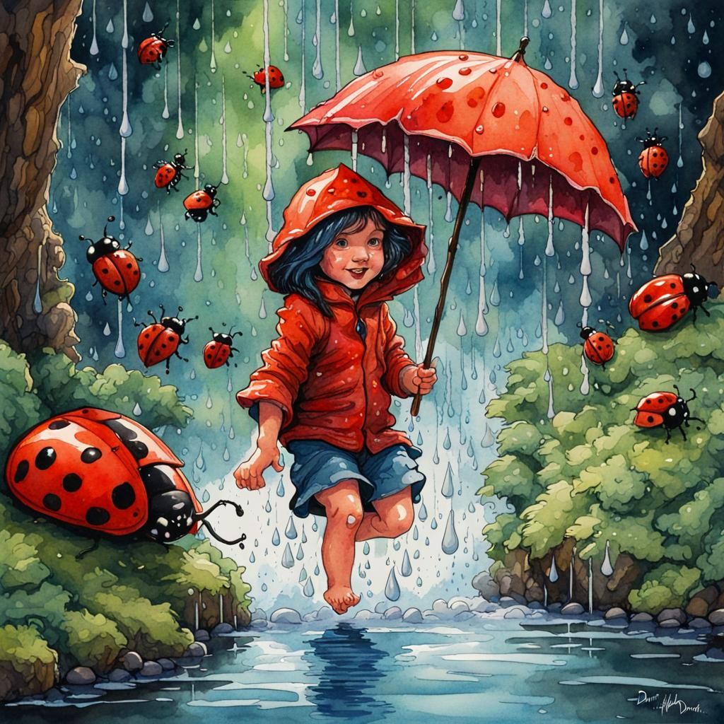 Child in Rainy Fairy Village: Watercolor and Ink