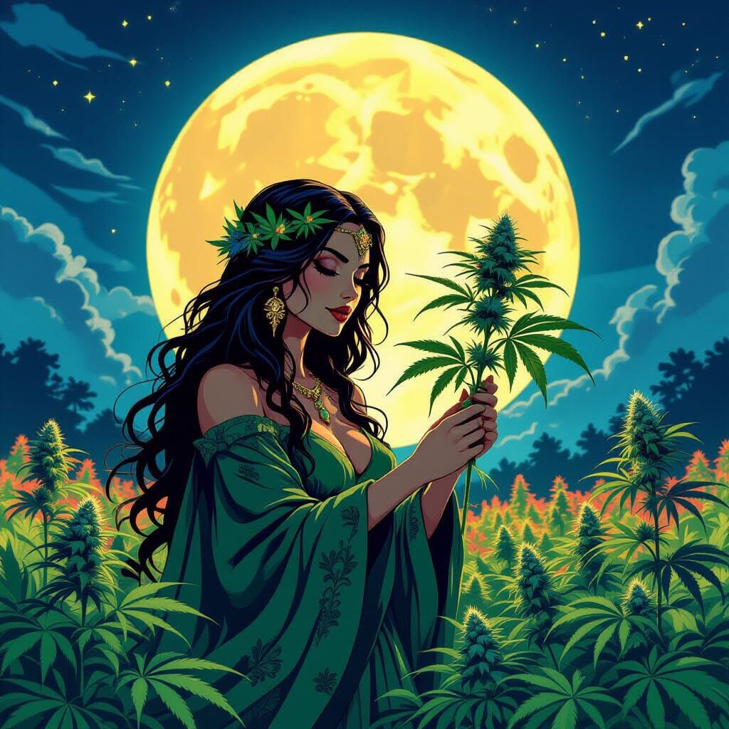 Goddess in Flowery Cannabis Field, Comic Book Art