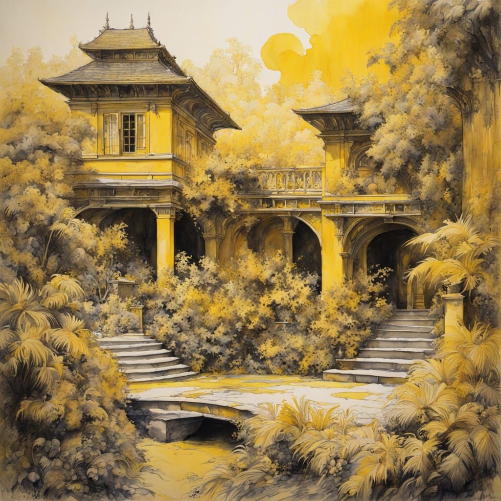 Surreal Yellow Beach Villa in Ink and Wash Style