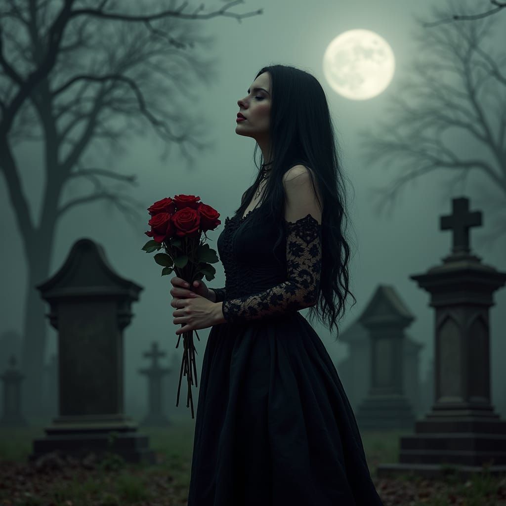 Ethereal Gothic Siren in a Moonlit Graveyard