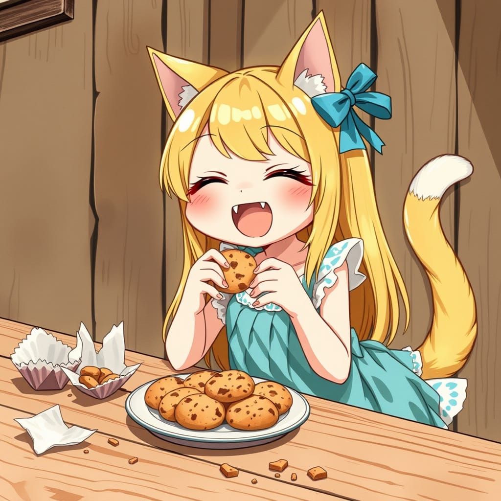 Anime Catgirl Savoring Sweet Treats in Whimsical Wonderland