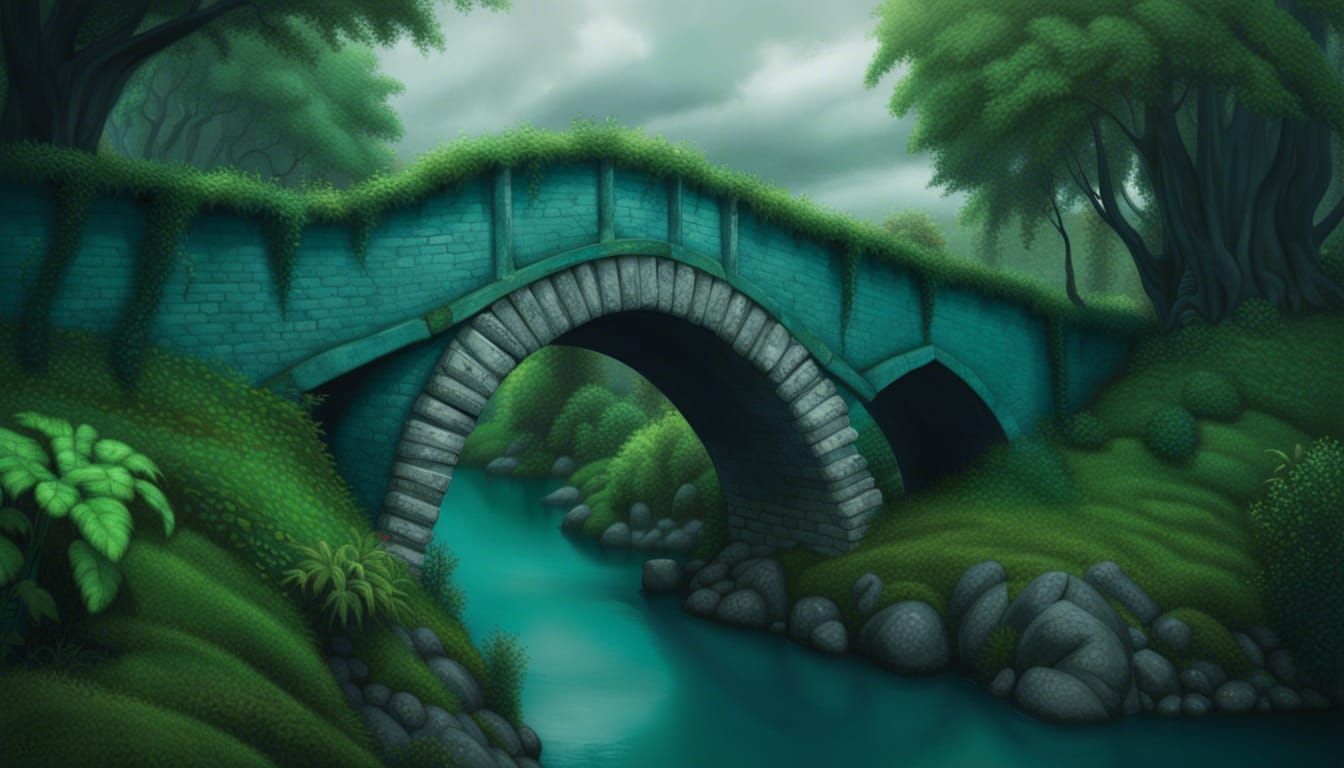 Medieval Bridge in Ominous Jungle, Surreal Photo