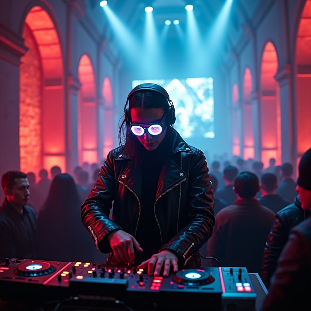 Cyberpunk Goth DJ in Mystical Castle with Red and Blue Light...
