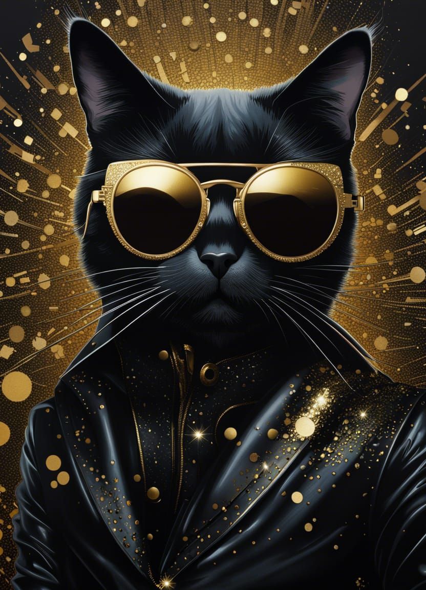 Black Cat Portrait with Gold Glitter Jacket