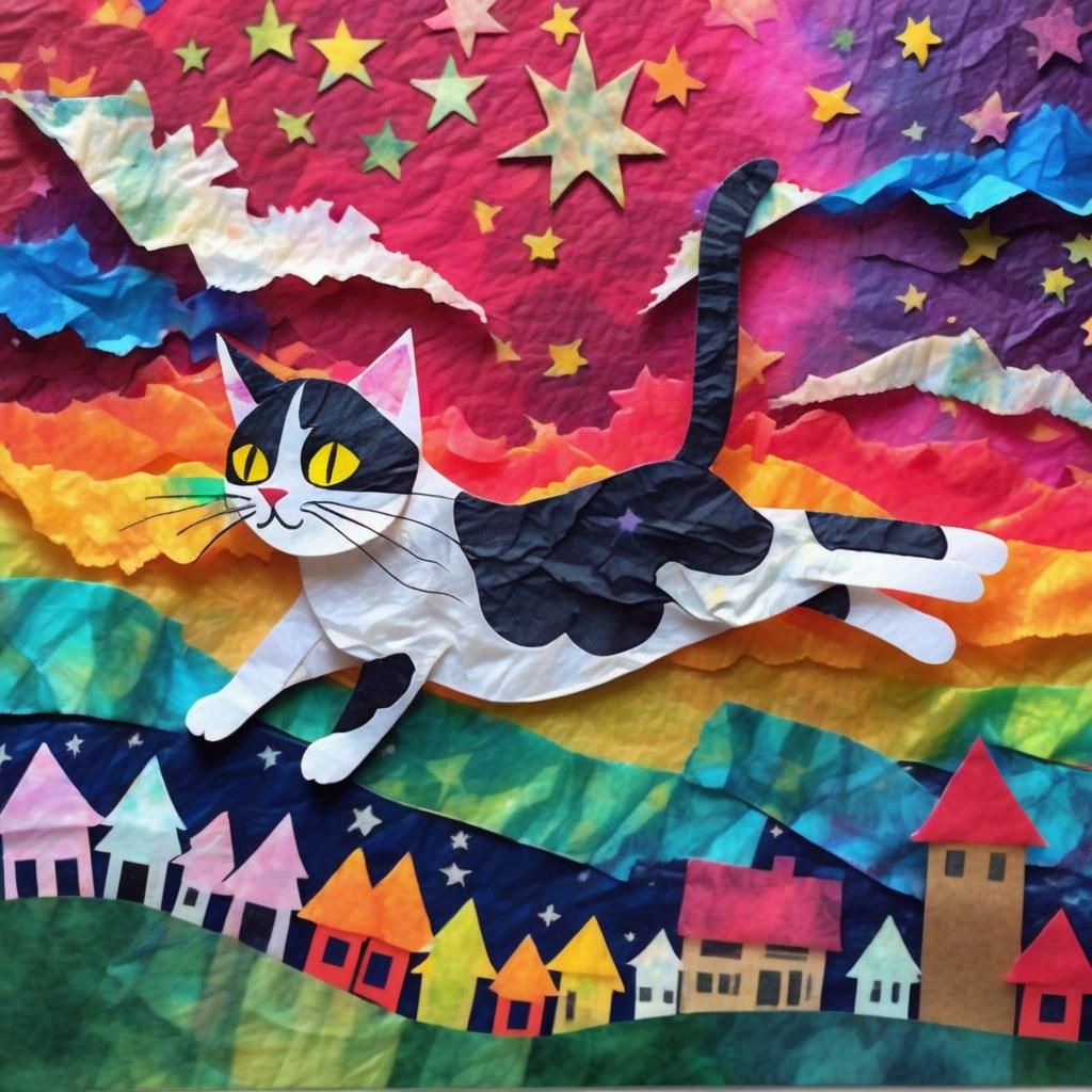 Flying Cat Under Stars in Tissue Paper Art