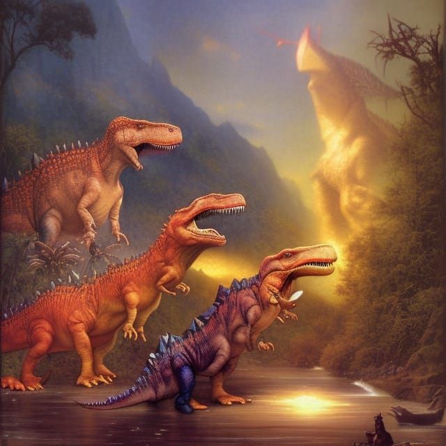 Dinosaurs in a Detailed Fantasy Landscape