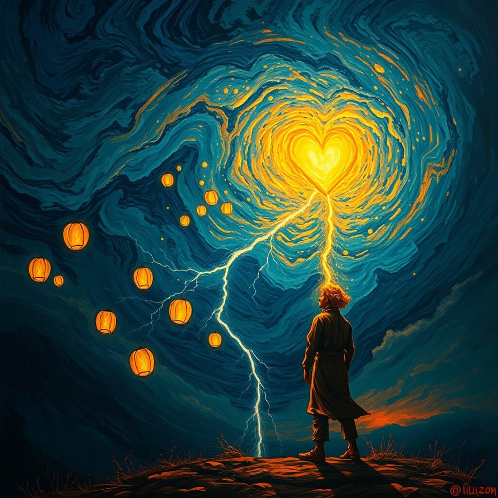 Surreal Figure Under Stormy Sky as Dreamlike Art