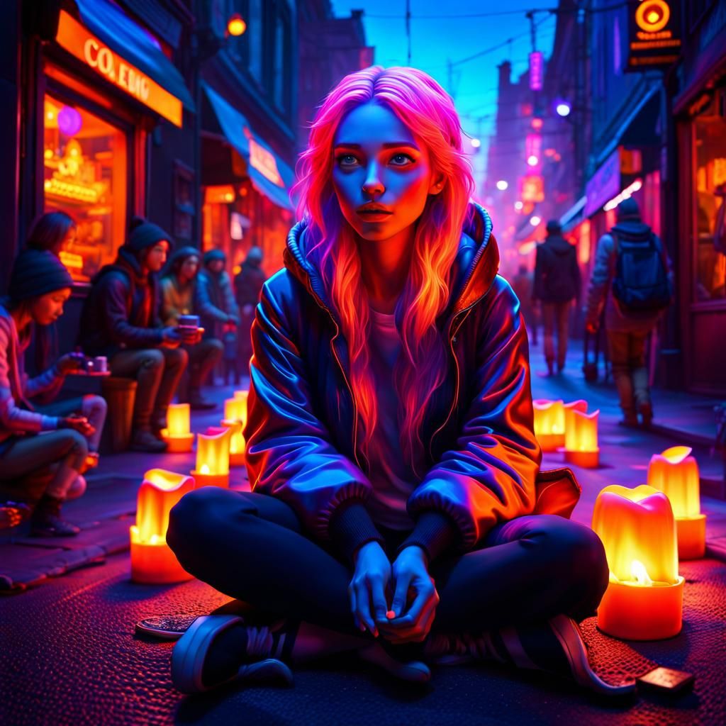 Emotional Black Light Scene with Homeless Person