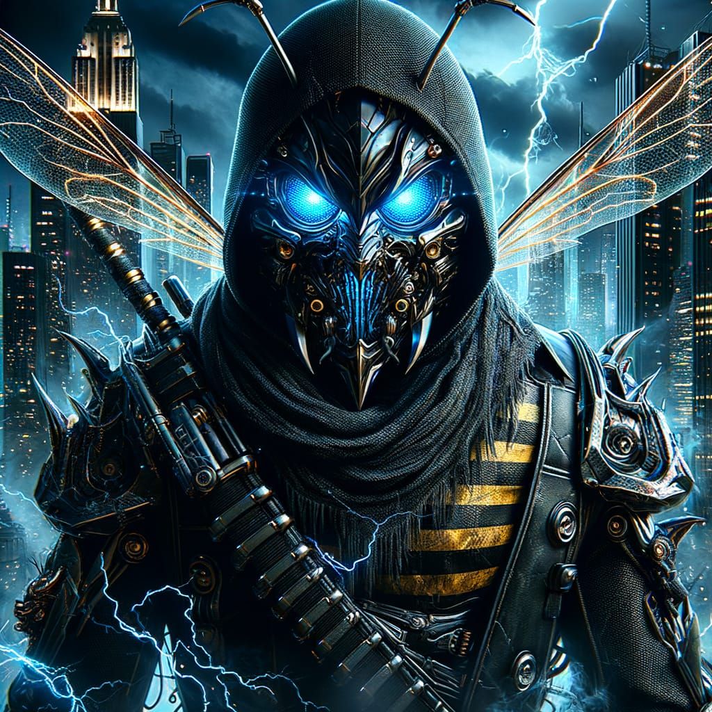 Cybernetic Ninja Bee Warrior in Dystopian Cityscape