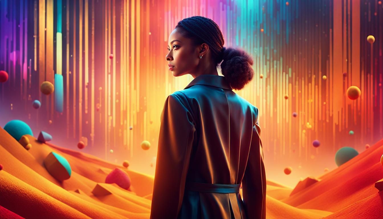 Woman in Dreamlike Digital Art Landscape with Neon Colors