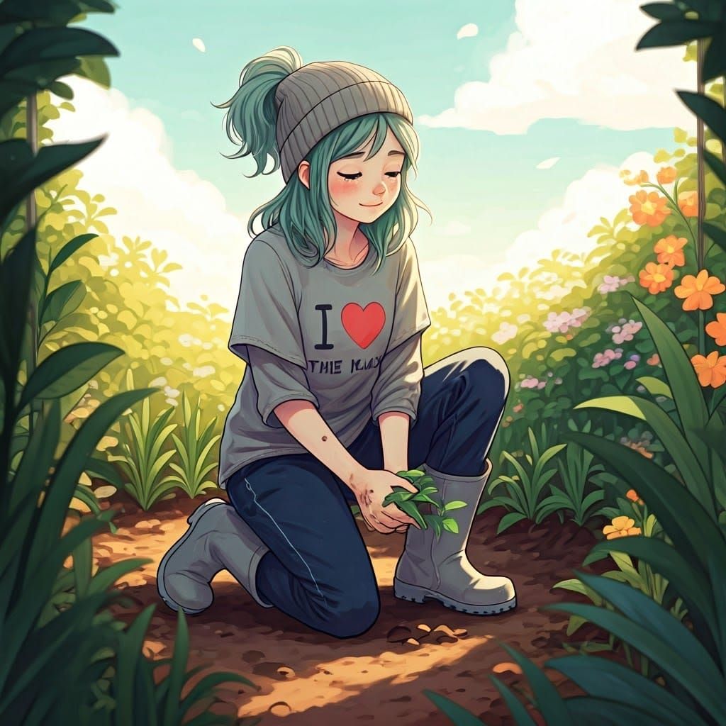 Gentle Gardener in Whimsical Garden Landscape