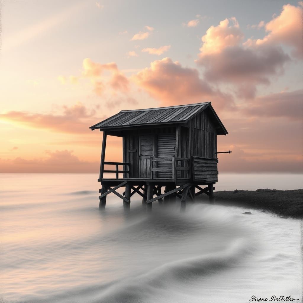 Weathered Fishing Hut on Crescent-Shaped Shoreline in Charco...