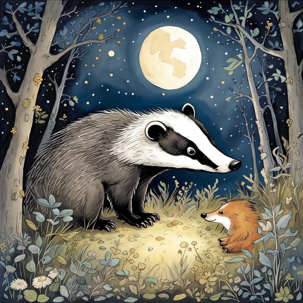 Badger Sniffing Under Moonlight in Whimsical Style