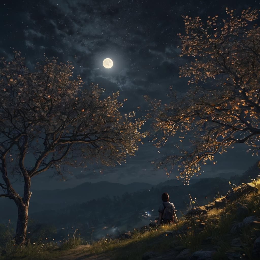 Ethereal Scene of Girl Under Apple Trees Watching Moonlit Fi...